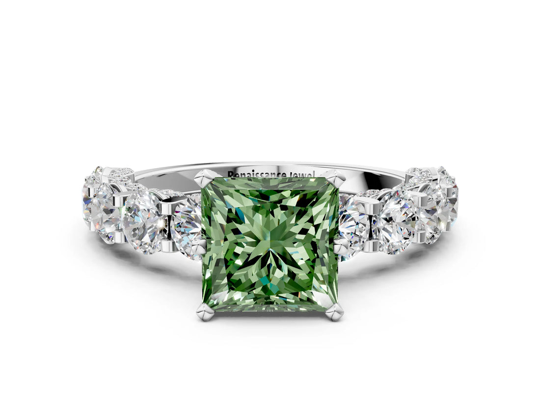 White gold Fancy Green Princess Cut Diamond Side Stone Engagement Ring with Four-Prong Setting_24