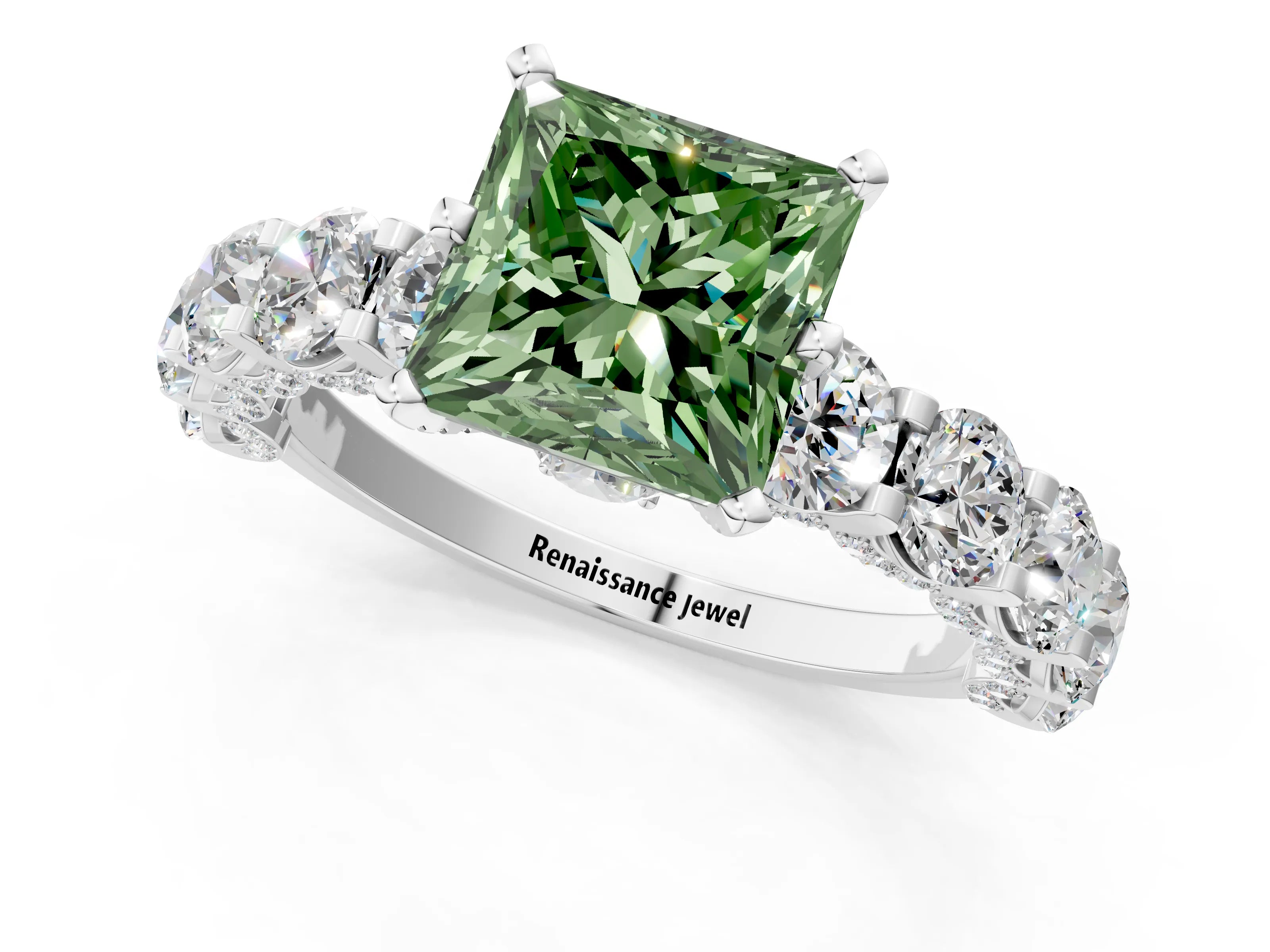 White gold Fancy Green Princess Cut Diamond Side Stone Engagement Ring with Four-Prong Setting_25