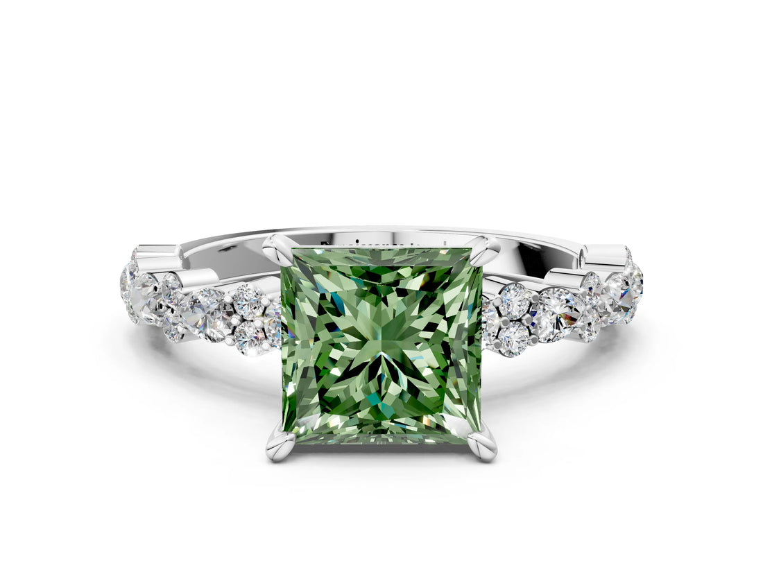 White gold Fancy Green Princess Cut Diamond Side Stone Solitaire Ring with Round  and Four-Prong Setting_12