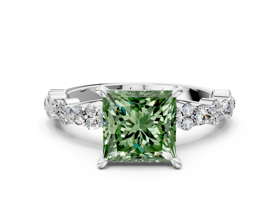 White gold Fancy Green Princess Cut Diamond Side Stone Solitaire Ring with Round  and Four-Prong Setting_65