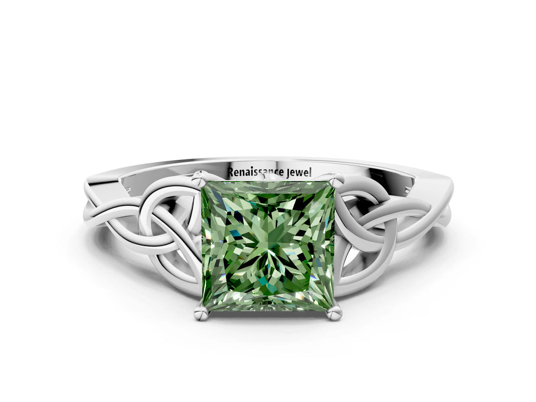 White gold Fancy Green Princess Cut Diamond Solitaire Celtic Knot Ring with Four-Prong Setting_29