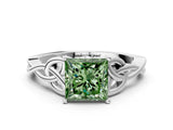 White gold Fancy Green Princess Cut Diamond Solitaire Celtic Knot Ring with Four-Prong Setting_29
