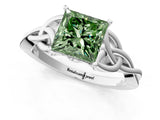 White gold Fancy Green Princess Cut Diamond Solitaire Celtic Knot Ring with Four-Prong Setting_29