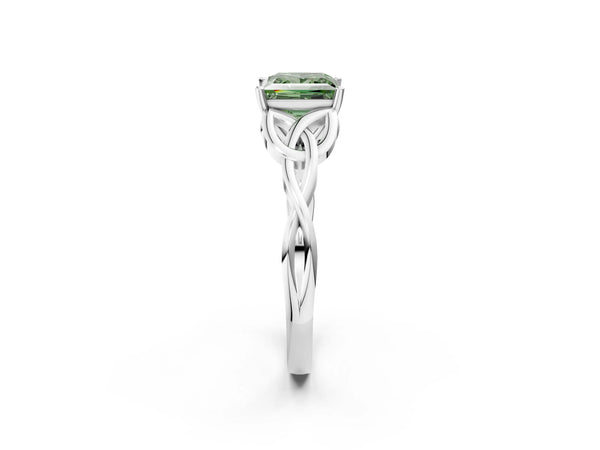 Platinum Fancy Green Princess Cut Diamond Solitaire Celtic Knot Ring with Four-Prong Setting