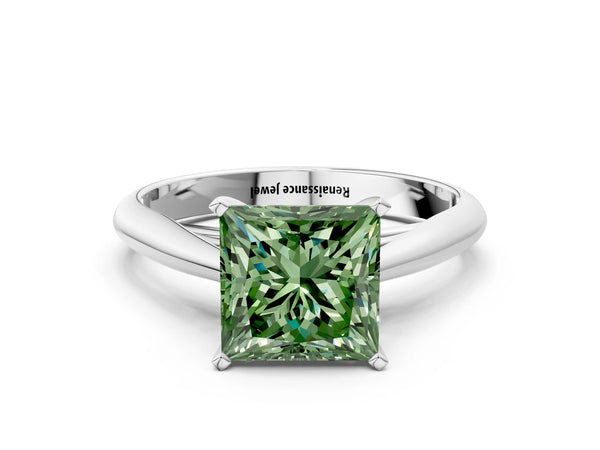 White gold Fancy Green Princess Cut Diamond Solitaire Engagement Ring with Cathedral Setting and Four-Prong Mount