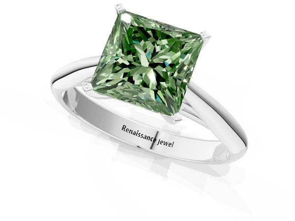 White gold Fancy Green Princess Cut Diamond Solitaire Engagement Ring with Cathedral Setting and Four-Prong Mount