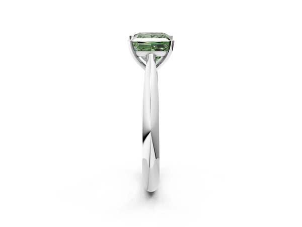 White gold Fancy Green Princess Cut Diamond Solitaire Engagement Ring with Cathedral Setting and Four-Prong Mount