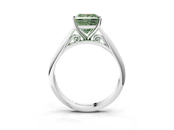 White gold Fancy Green Princess Cut Diamond Solitaire Engagement Ring with Cathedral Setting and Four-Prong Mount