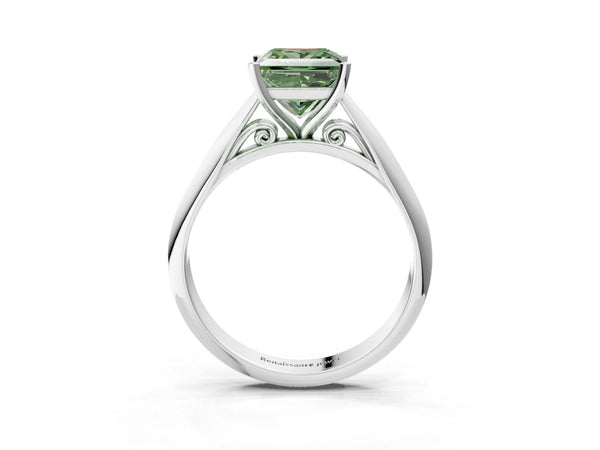 White gold Fancy Green Princess Cut Diamond Solitaire Engagement Ring with Cathedral Setting and Four-Prong Mount
