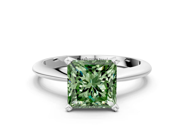 White gold Fancy Green Princess Cut Diamond Solitaire Engagement Ring with Classic Band and Four-Prong Setting