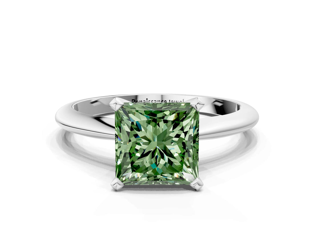 White gold Fancy Green Princess Cut Diamond Solitaire Engagement Ring with Classic Band and Four-Prong Setting_36