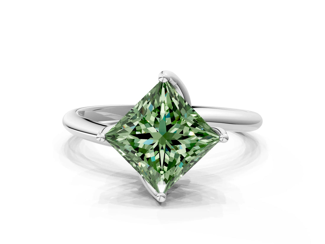 White gold Fancy Green Princess Cut Diamond Solitaire Engagement Ring with Four-Prong Setting and Classic Band_20
