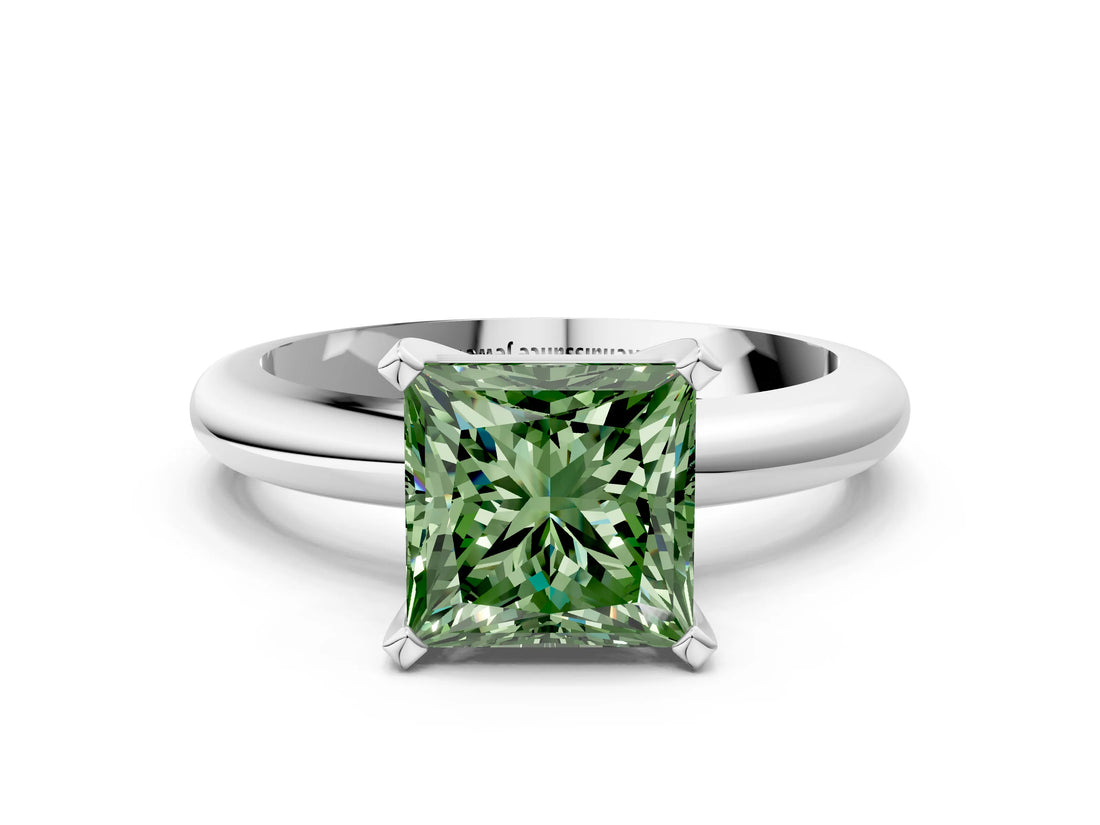 White gold Fancy Green Princess Cut Diamond Solitaire Engagement Ring with Round Band and Four-Prong Setting_113