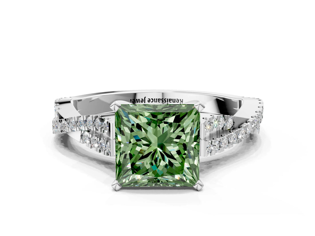 White gold Fancy Green Princess Cut Diamond Solitaire Engagement Ring with Twisted Pavé Band and Four-Prong Setting_68