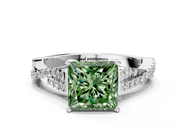 White gold Fancy Green Princess Cut Diamond Solitaire Engagement Ring with Twisted Pavé Band and Four-Prong Setting