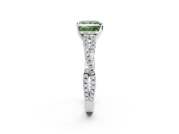 White gold Fancy Green Princess Cut Diamond Solitaire Engagement Ring with Twisted Pavé Band and Four-Prong Setting
