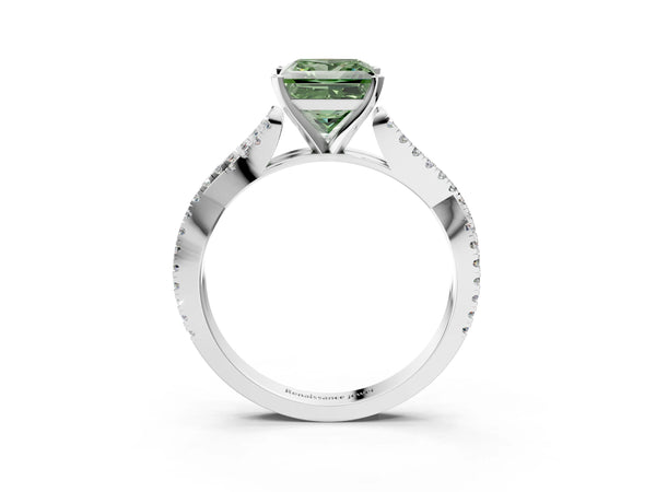 White gold Fancy Green Princess Cut Diamond Solitaire Engagement Ring with Twisted Pavé Band and Four-Prong Setting