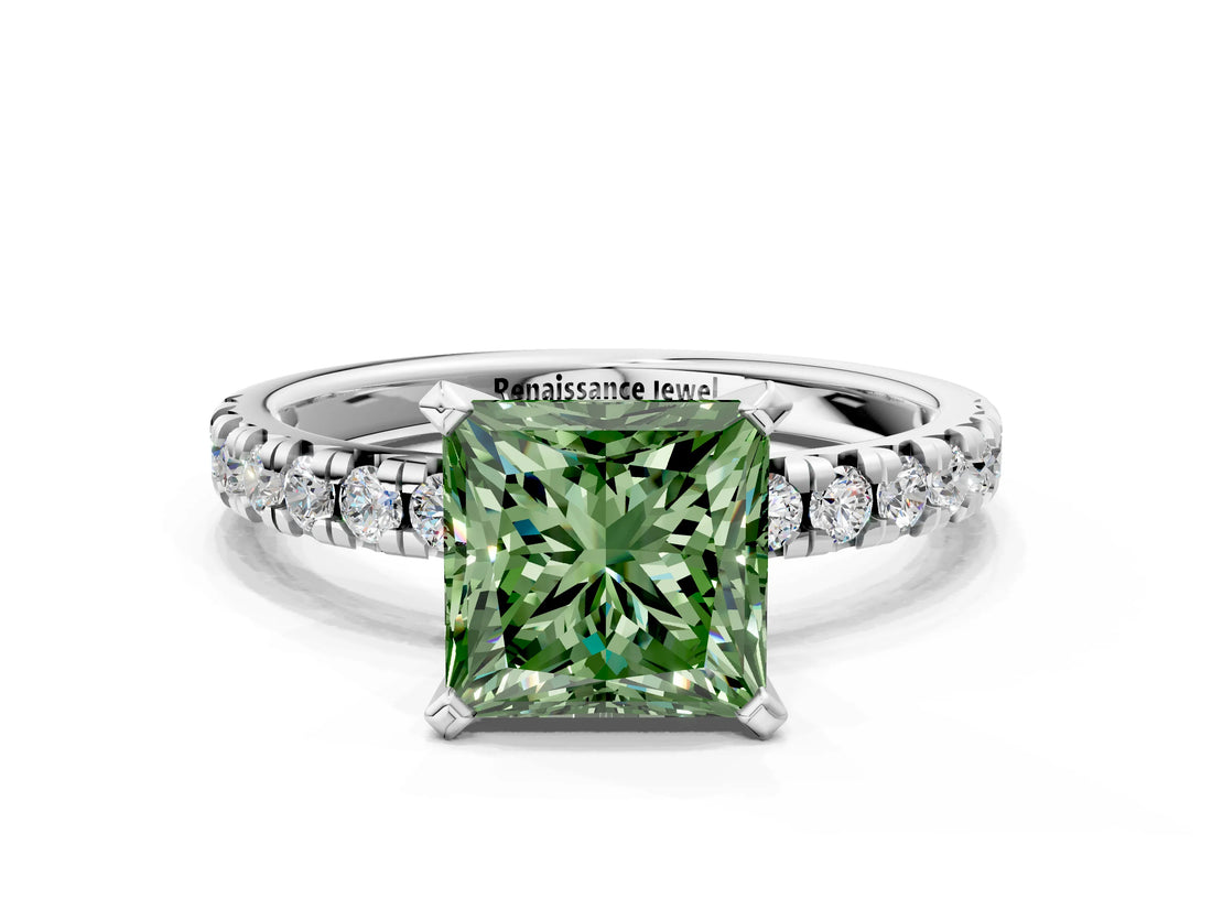 White gold Fancy Green Princess Cut Diamond Solitaire Pavé Engagement Ring with Round Band and Prong Setting_66