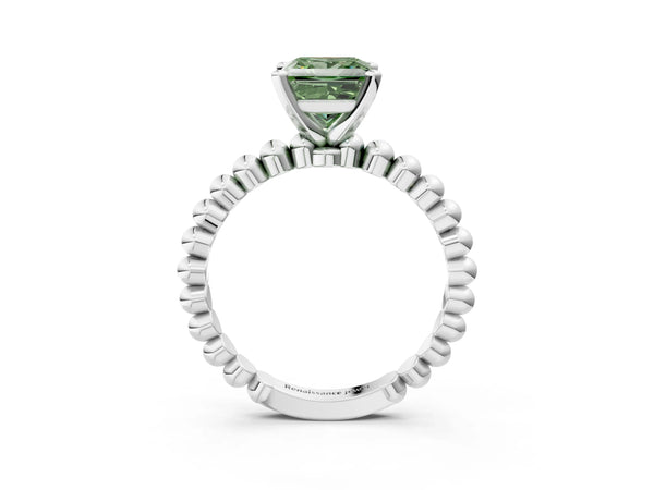 White gold Fancy Green Princess Cut Diamond Solitaire Ring with Beaded Band and Prong Setting