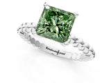 White gold Fancy Green Princess Cut Diamond Solitaire Ring with Beaded Band and Prong Setting_96