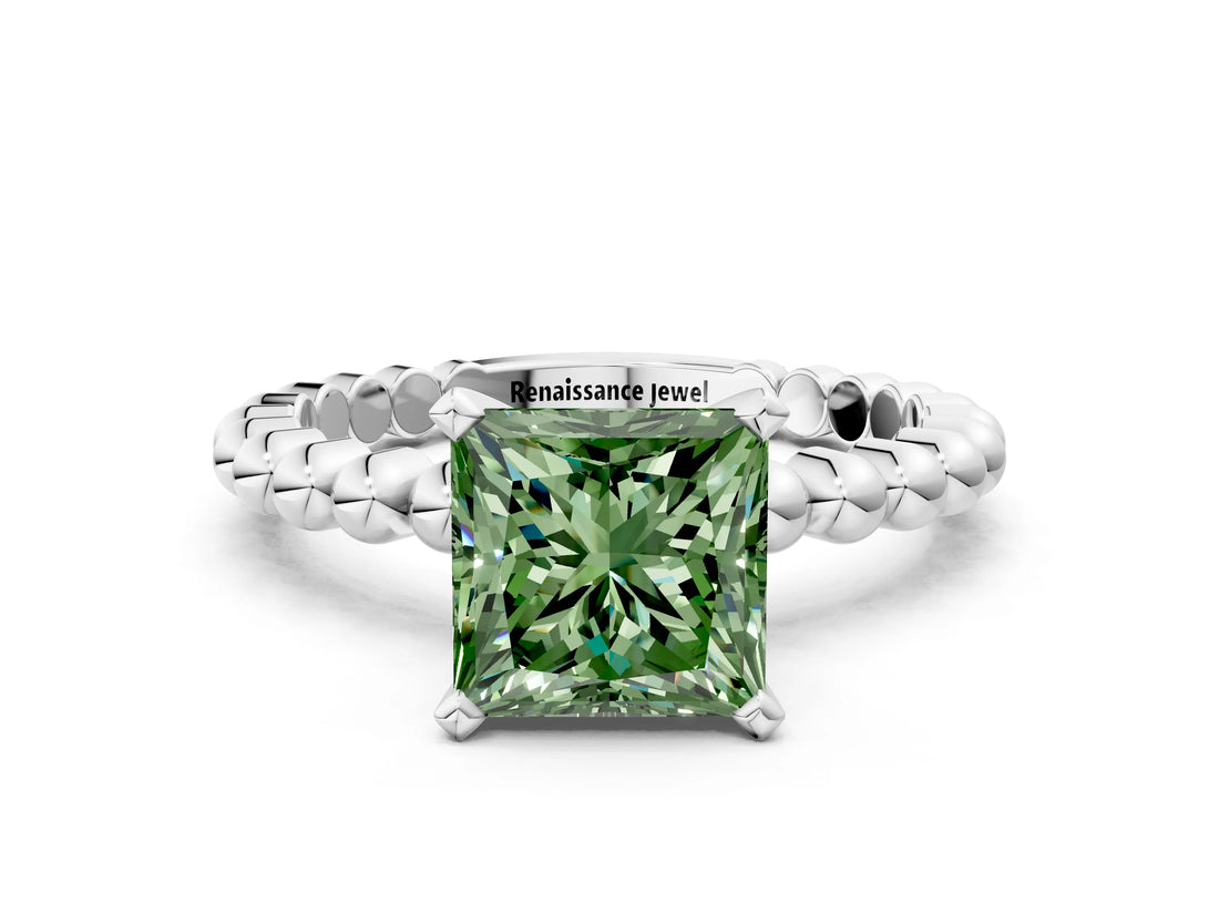 White gold Fancy Green Princess Cut Diamond Solitaire Ring with Beaded Band and Prong Setting_98