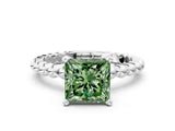 White gold Fancy Green Princess Cut Diamond Solitaire Ring with Beaded Band and Prong Setting_98
