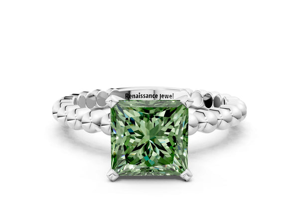 White gold Fancy Green Princess Cut Diamond Solitaire Ring with Beaded Band and Prong Setting