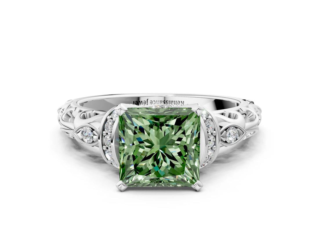 White gold Fancy Green Princess Cut Diamond Solitaire Ring with Filigree Band and Four-Prong Setting_16