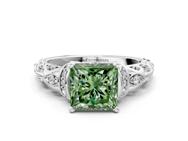 White gold Fancy Green Princess Cut Diamond Solitaire Ring with Filigree Band and Four-Prong Setting