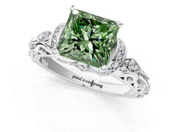 White gold Fancy Green Princess Cut Diamond Solitaire Ring with Filigree Band and Four-Prong Setting