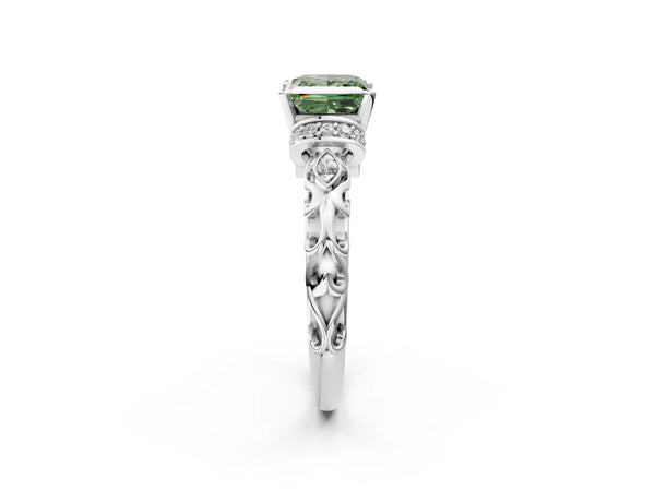 White gold Fancy Green Princess Cut Diamond Solitaire Ring with Filigree Band and Four-Prong Setting