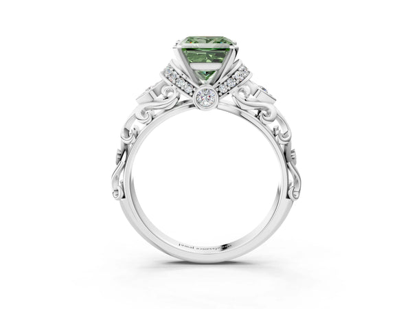 White gold Fancy Green Princess Cut Diamond Solitaire Ring with Filigree Band and Four-Prong Setting