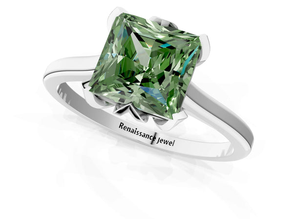 Platinum Fancy Green Princess Cut Diamond Solitaire Ring with Flower Prong Setting and Classic Band