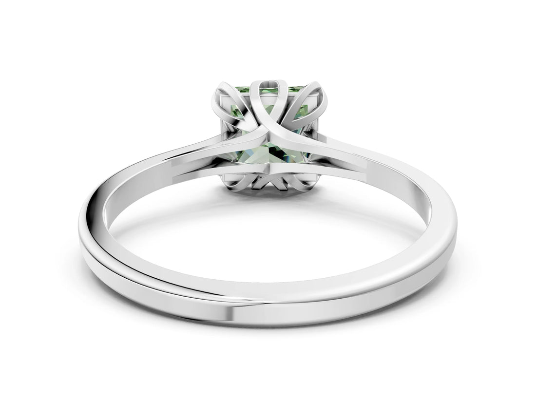White gold Fancy Green Princess Cut Diamond Solitaire Ring with Flower Prong Setting and Classic Band_23