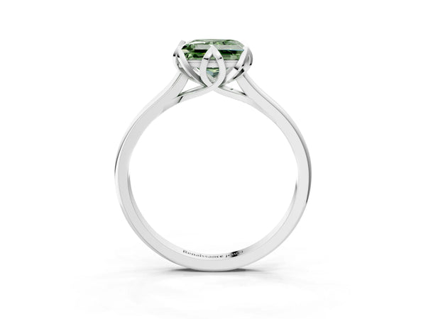 Platinum Fancy Green Princess Cut Diamond Solitaire Ring with Flower Prong Setting and Classic Band