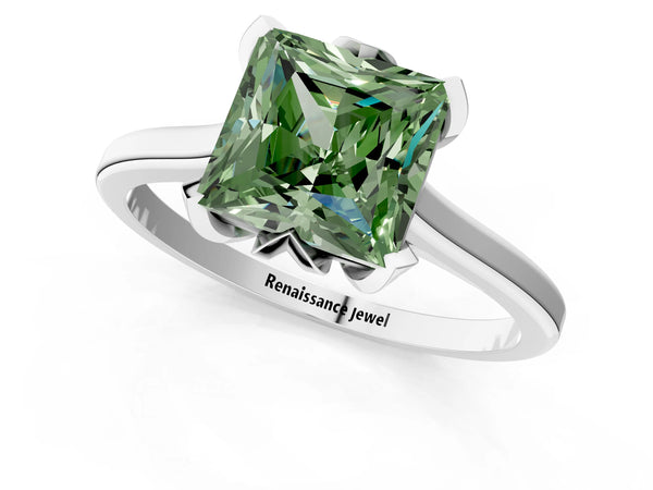 Platinum Fancy Green Princess Cut Diamond Solitaire Ring with Flower Prong Setting and Classic Band