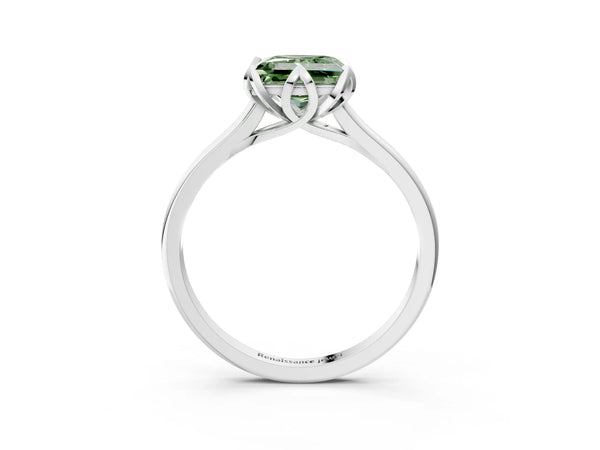 Platinum Fancy Green Princess Cut Diamond Solitaire Ring with Flower Prong Setting and Classic Band