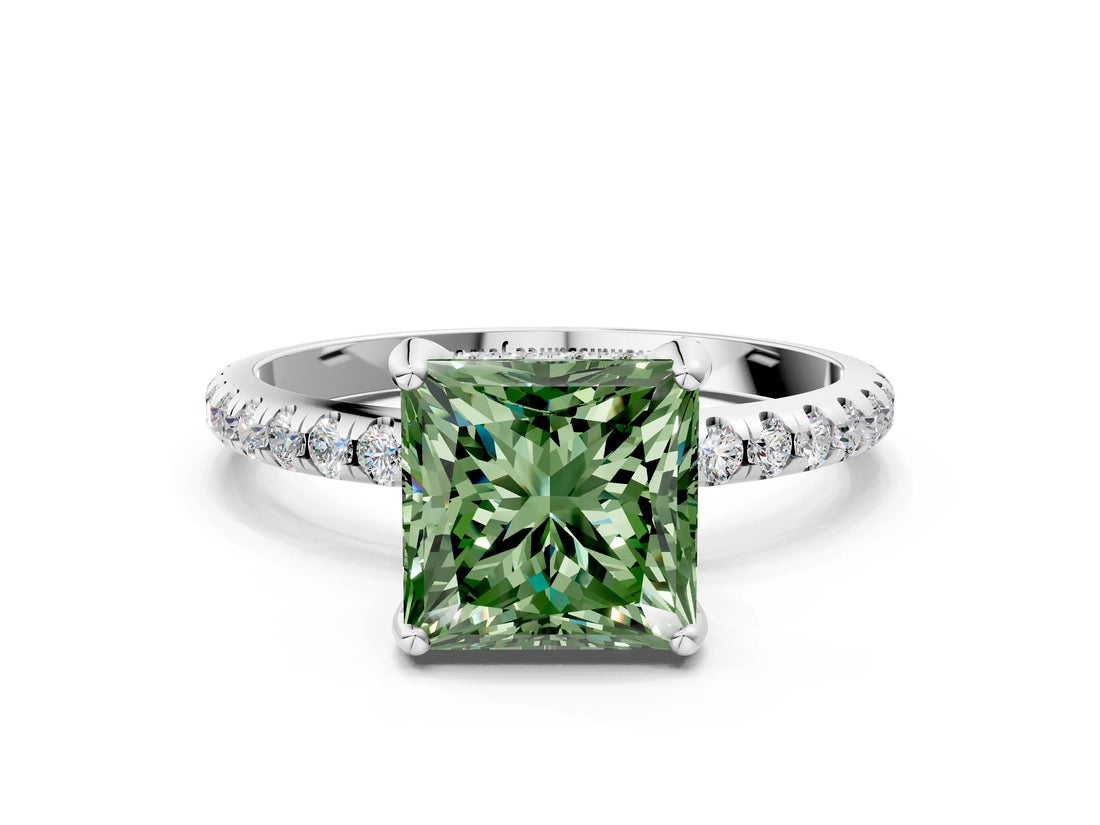 White gold Fancy Green Princess Cut Diamond Solitaire Ring with Four-Prong Setting and Pavé Band_3