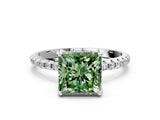 White gold Fancy Green Princess Cut Diamond Solitaire Ring with Four-Prong Setting and Pavé Band_3
