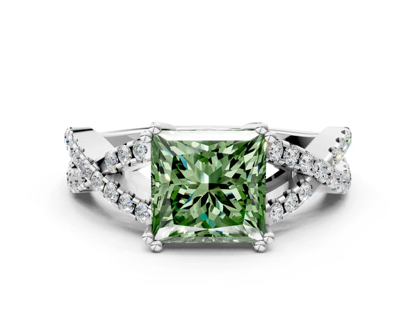 Platinum Fancy Green Princess Cut Diamond Solitaire Ring with Four-Prong Setting and Twisted Pavé Band