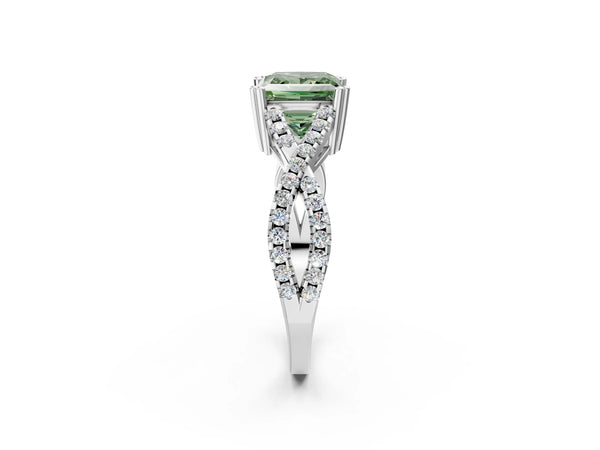 Platinum Fancy Green Princess Cut Diamond Solitaire Ring with Four-Prong Setting and Twisted Pavé Band