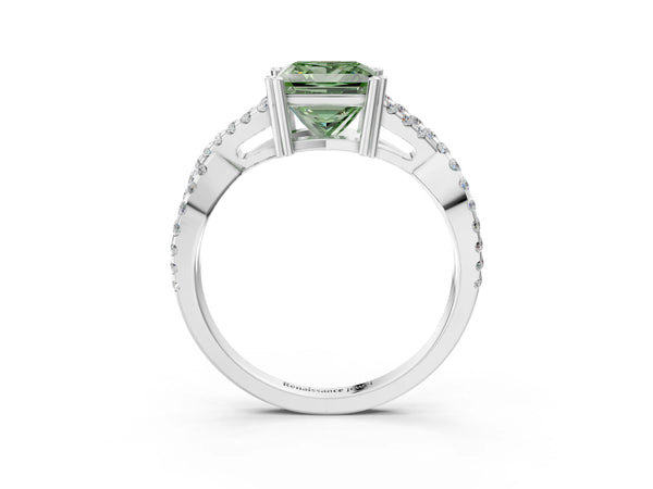 Platinum Fancy Green Princess Cut Diamond Solitaire Ring with Four-Prong Setting and Twisted Pavé Band