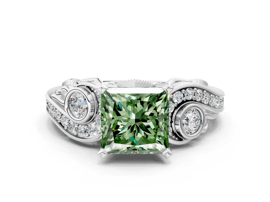 White gold Fancy Green Princess Cut Diamond Solitaire Ring with Milgrain Pavé Band and Four-Prong Setting_83