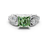 White gold Fancy Green Princess Cut Diamond Solitaire Ring with Milgrain Pavé Band and Four-Prong Setting_89
