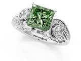 White gold Fancy Green Princess Cut Diamond Solitaire Ring with Milgrain Pavé Band and Four-Prong Setting_90