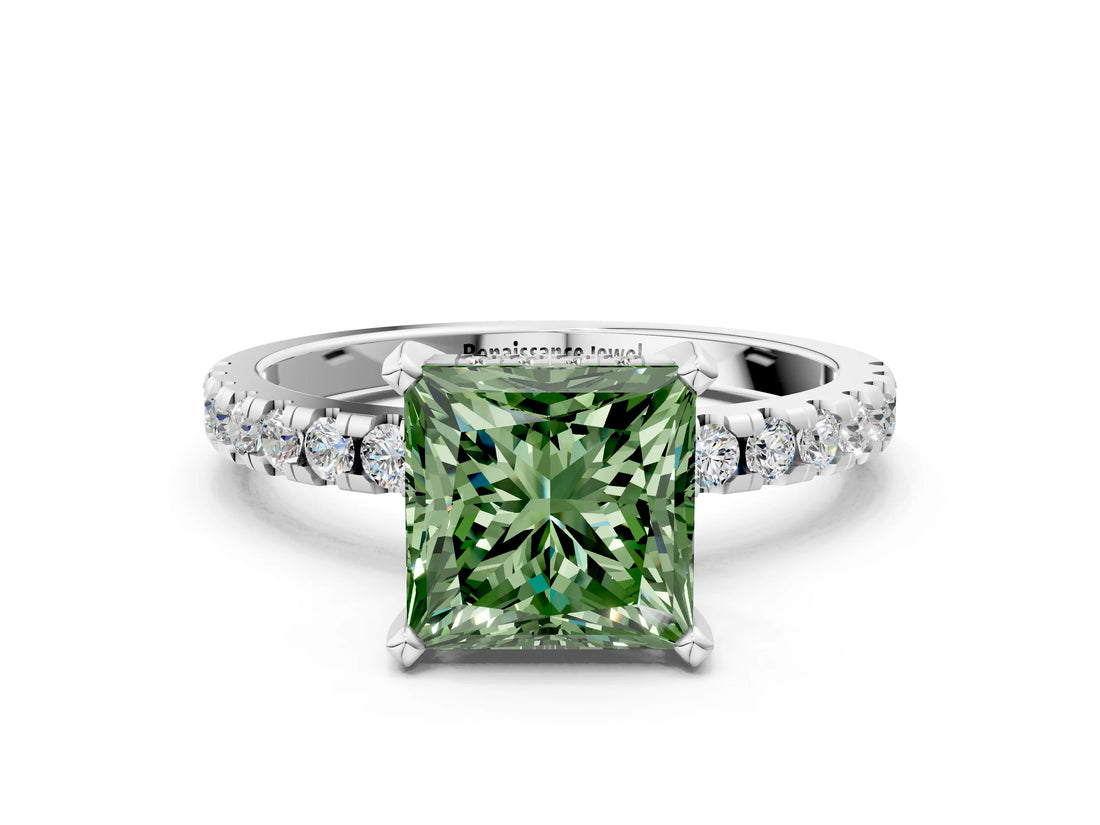 White gold Fancy Green Princess Cut Diamond Solitaire Ring with Pavé Band and Four-Prong Setting_29