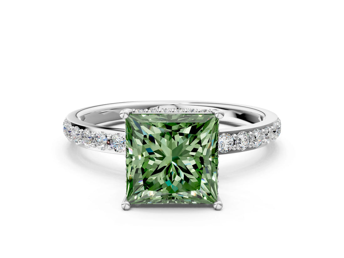White gold Fancy Green Princess Cut Diamond Solitaire Ring with Pavé Band and Hidden Halo_68