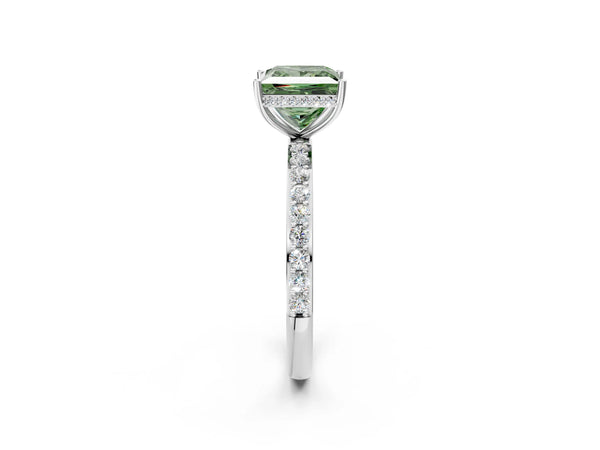White gold Fancy Green Princess Cut Diamond Solitaire Ring with Pavé Band and Hidden Halo