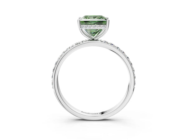 White gold Fancy Green Princess Cut Diamond Solitaire Ring with Pavé Band and Hidden Halo
