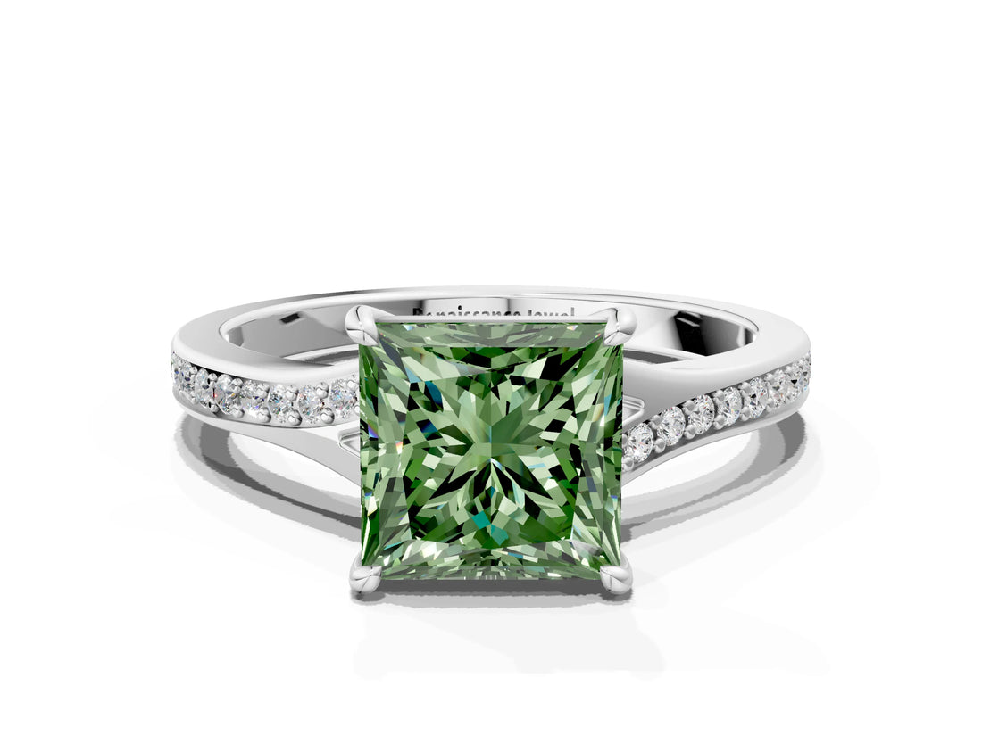 White gold Fancy Green Princess Cut Diamond Solitaire Ring with Pavé Band and Prong Setting_12